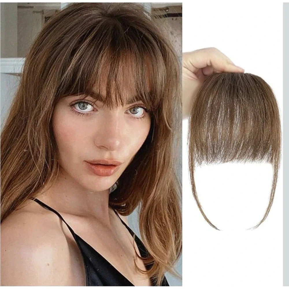 100% Human Hair Clip In Bangs Medium Brown Wispy Fringe Hair Extensions BB Clip